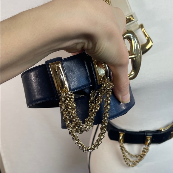 Blue leather vintage chain gold belt Vintage leather